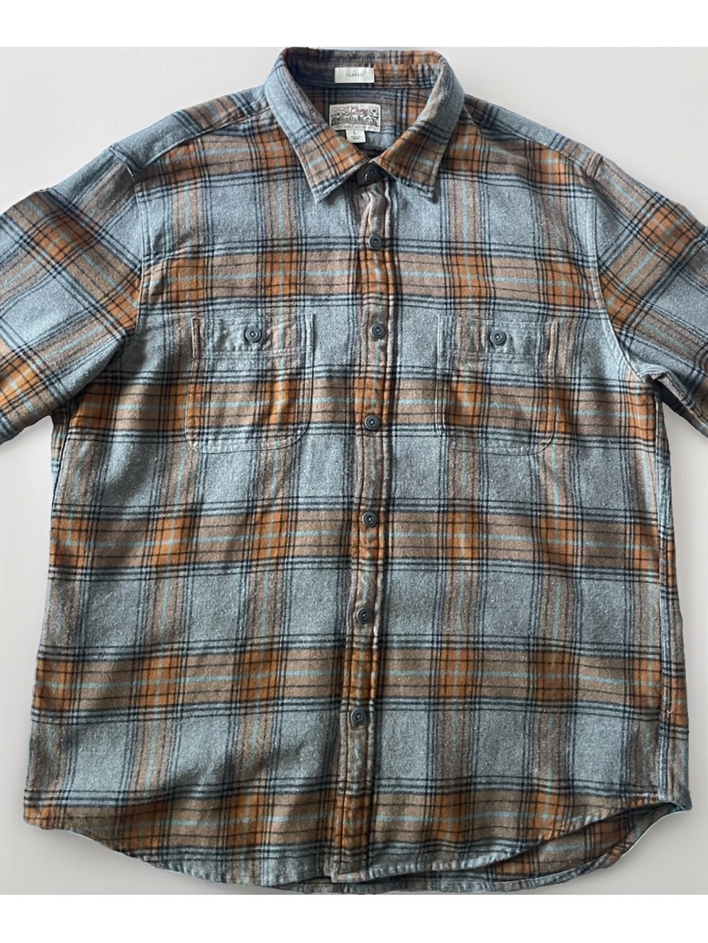 J.Crew Men's Large (L) Classic Fit Cotton Gray and Orange Plaid Flannel Shirt - Picture 4 of 9